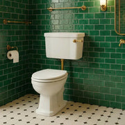 Victorian Style Low Level Toilet, White Soft Close Seat, Brass Flushpipe and Lever Handle