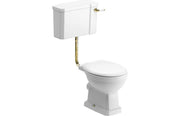 Victorian Style Low Level Toilet, White Soft Close Seat, Brass Flushpipe and Lever Handle
