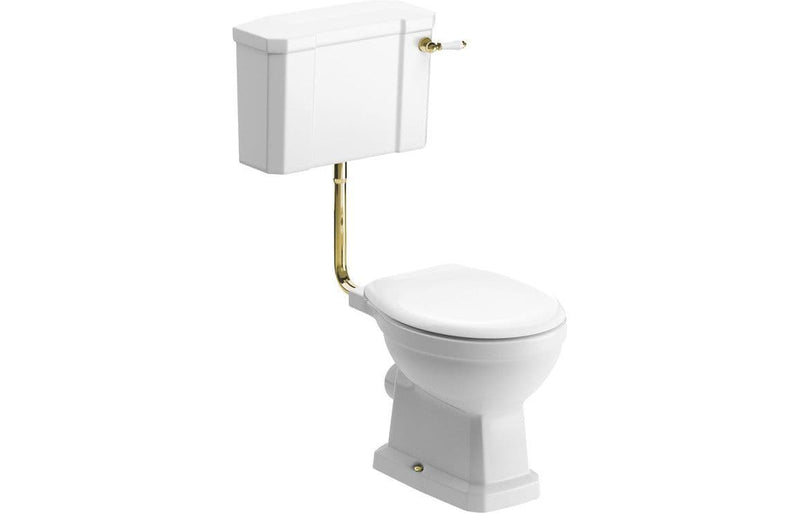 Victorian Style Low Level Toilet, White Soft Close Seat, Brass Flushpipe and Lever Handle