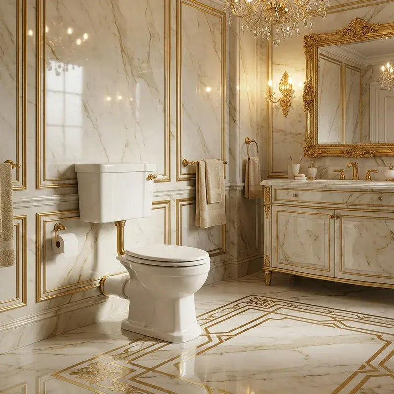 Victorian Style Low Level Toilet, White Soft Close Seat, Brass Flushpipe and Lever Handle