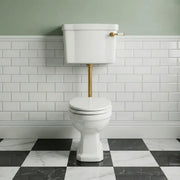 Victorian Style Low Level Toilet, White Soft Close Seat, Brass Flushpipe and Lever Handle