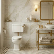 Victorian Style Low Level Toilet, White Soft Close Seat, Brass Flushpipe and Lever Handle