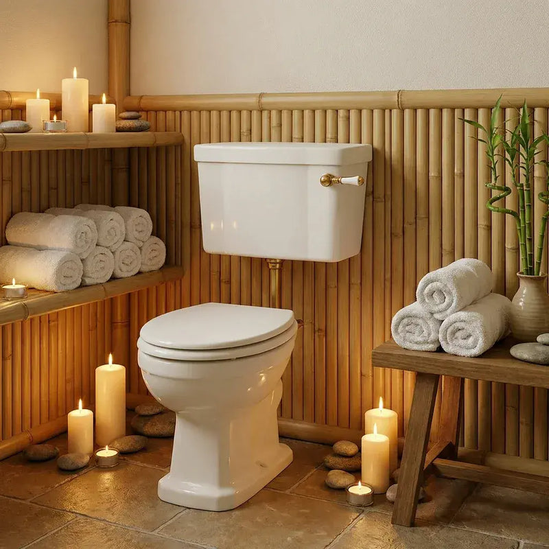 Victorian Style Low Level Toilet, White Soft Close Seat, Brass Flushpipe and Lever Handle