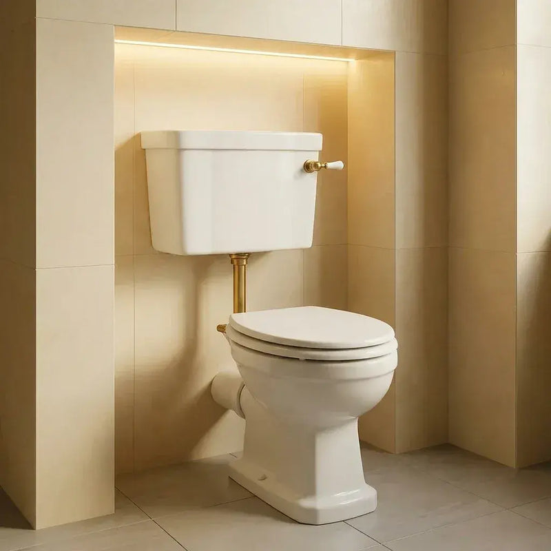 Victorian Style Low Level Toilet, White Soft Close Seat, Brass Flushpipe and Lever Handle
