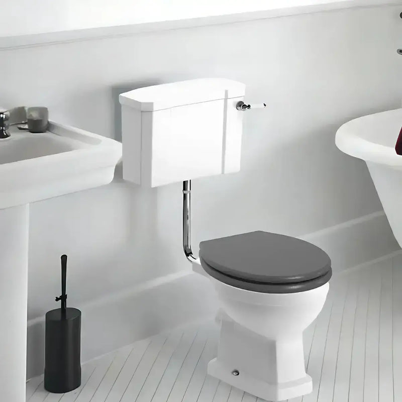 Victorian Style Low Level Toilet with Grey Seat Wood Soft Close Seat