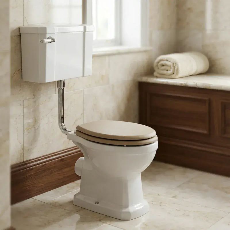 Victorian Style Low Level Toilet with Matt Latte Soft Close Seat