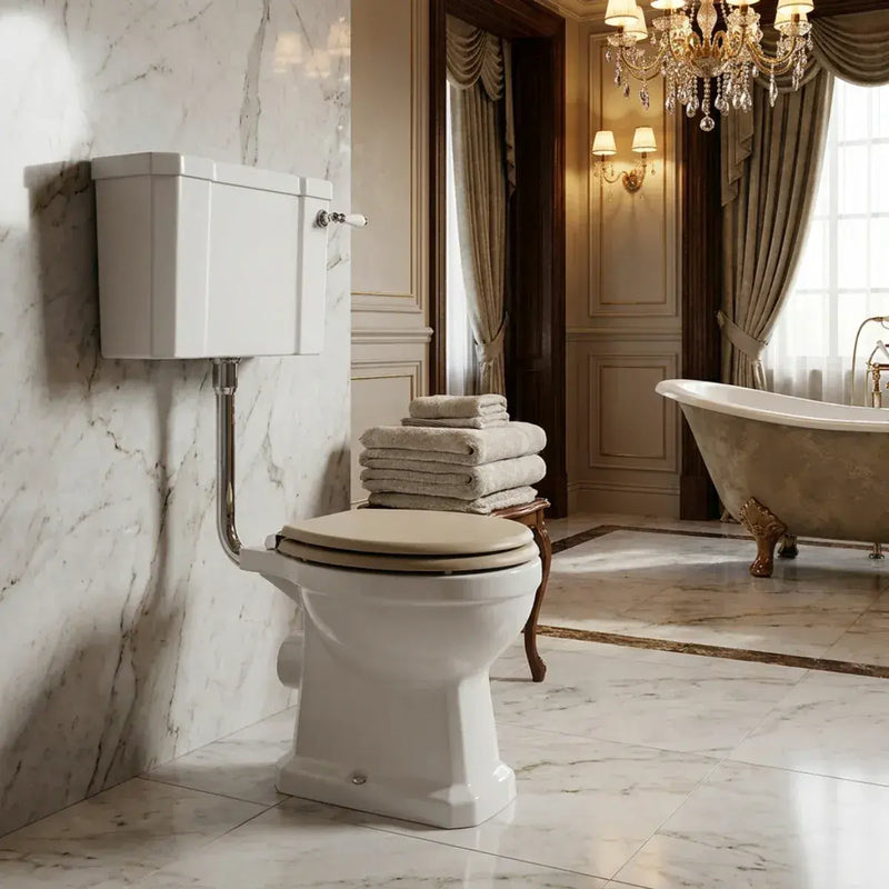 Victorian Style Low Level Toilet with Matt Latte Soft Close Seat
