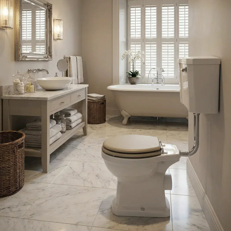 Victorian Style Low Level Toilet with Matt Latte Soft Close Seat