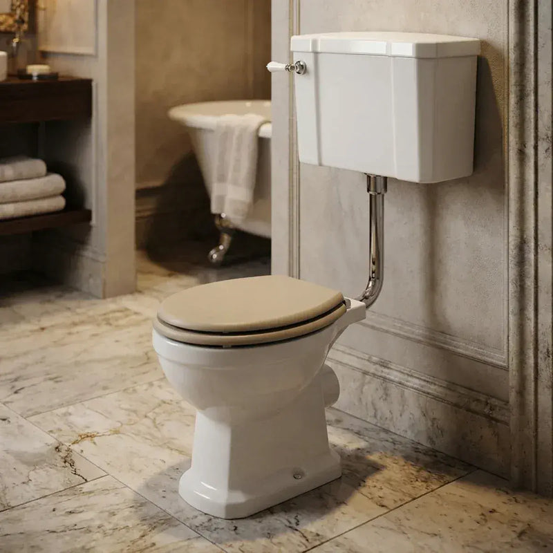 Victorian Style Low Level Toilet with Matt Latte Soft Close Seat