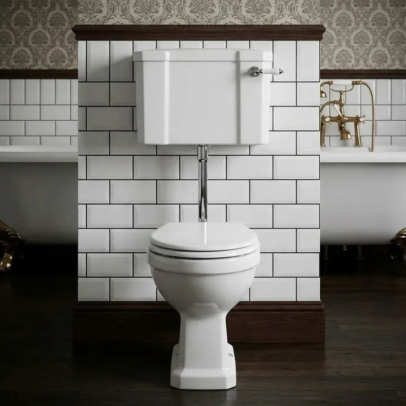 Victorian Style Low Level Toilet With Satin White Wood Soft Close Seat