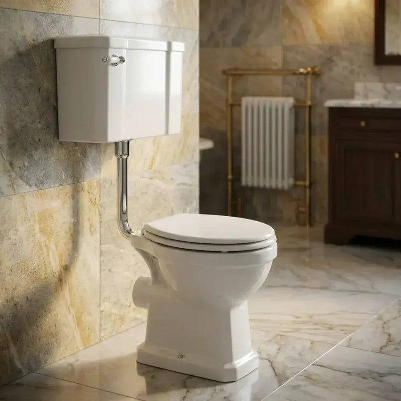 Victorian Style Low Level Toilet With Satin White Wood Soft Close Seat
