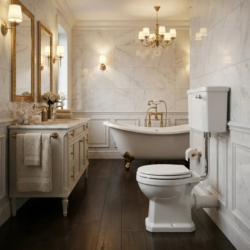 Victorian Style Low Level Toilet With Satin White Wood Soft Close Seat