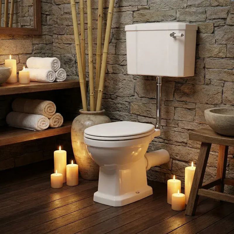 Victorian Style Low Level Toilet With Satin White Wood Soft Close Seat