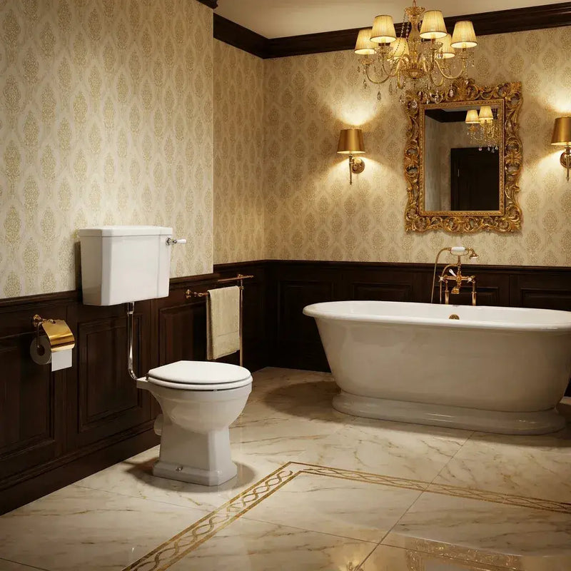 Victorian Style Low Level Toilet With Satin White Wood Soft Close Seat