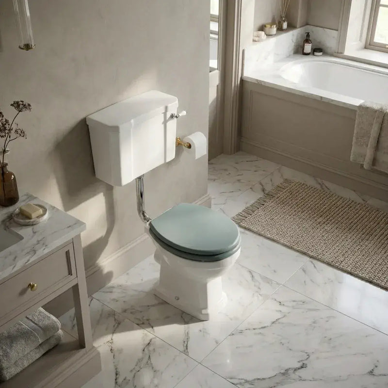 Victorian Style Low Level Toilet With Sea Green Soft Close Seat